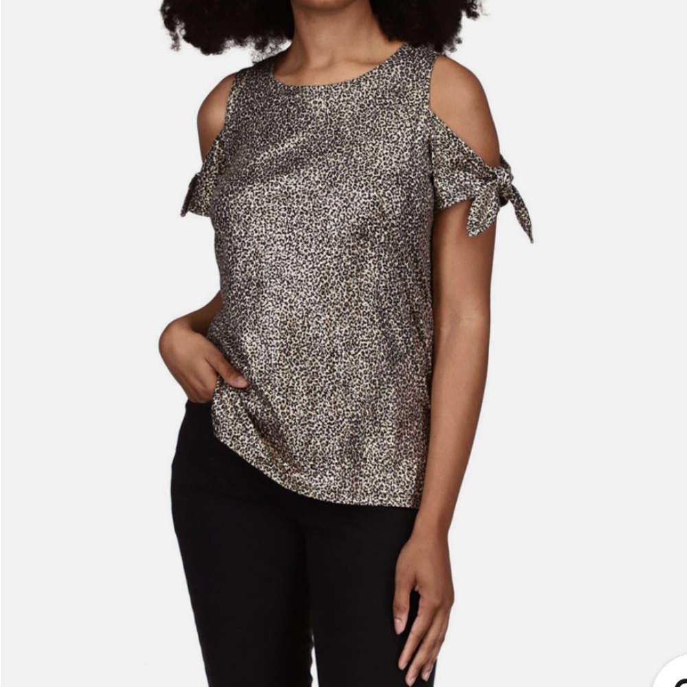 Michael Kors Leopard Print Cold Shoulder Top Gold Black Chic Going Out Blouse M
